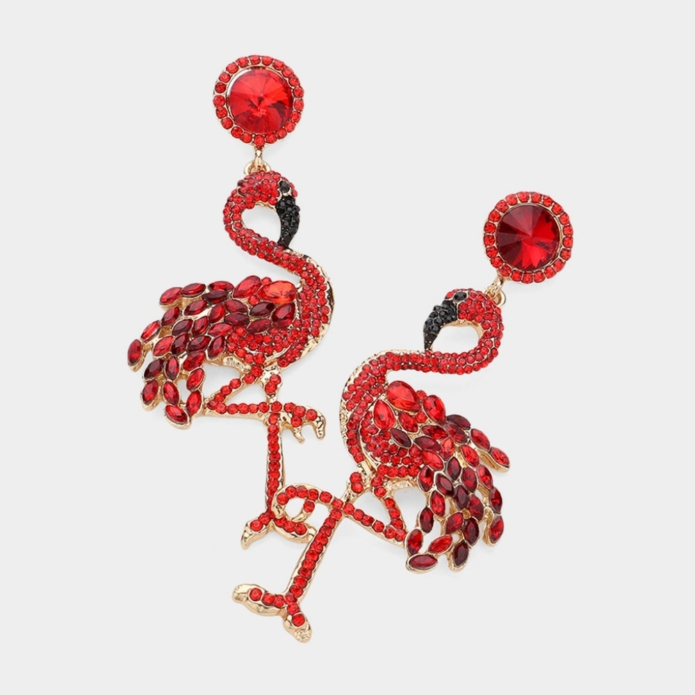Red Flamingo Rhinestone Crystal Dangle Earrings